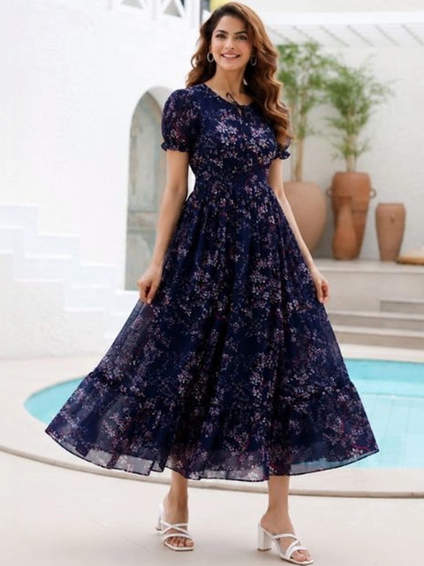QENA Floral Print Puff Sleeve Georgette A-Line Midi Dress