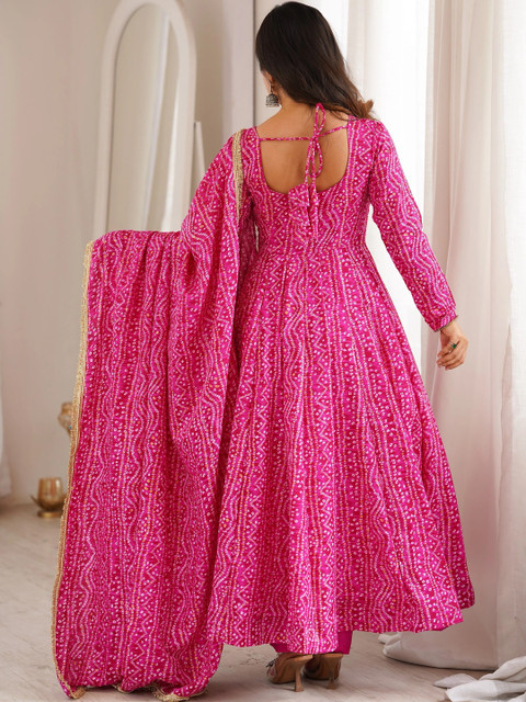 HERE&NOW Women Bandhani Printed Empire Mirror Work Kurta with Trousers & With Dupatta - Image 4