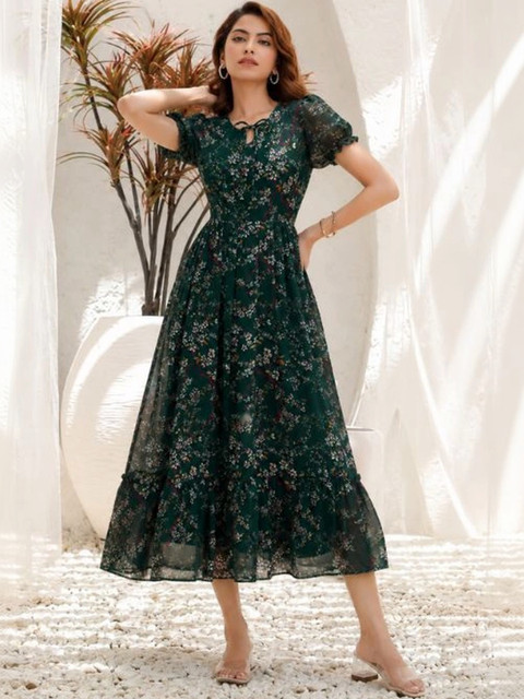 QENA Floral Print Puff Sleeve Georgette A-Line Midi Dress