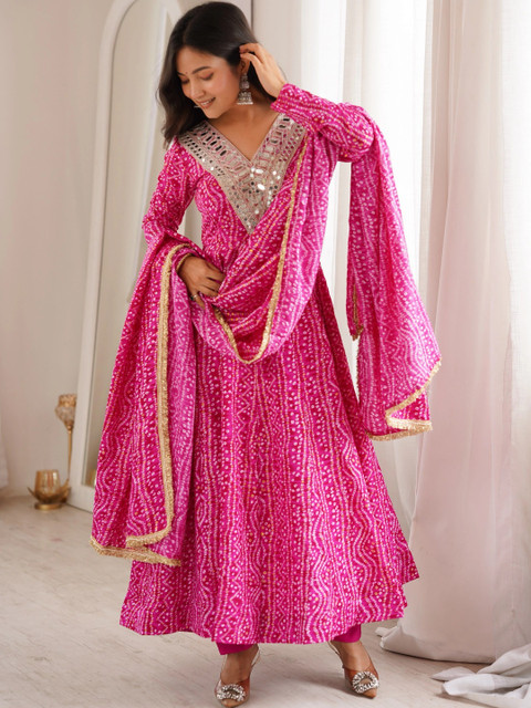HERE&NOW Women Bandhani Printed Empire Mirror Work Kurta with Trousers & With Dupatta - Image 5
