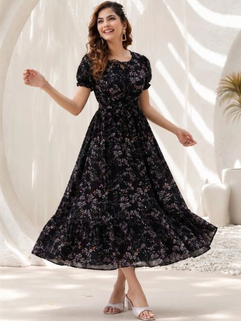 QENA Floral Print Puff Sleeve Georgette A-Line Maxi Dress