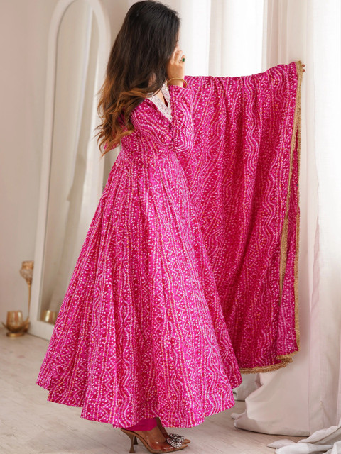 HERE&NOW Women Bandhani Printed Empire Mirror Work Kurta with Trousers & With Dupatta - Image 3