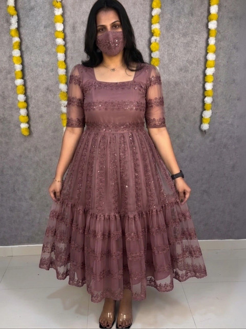 HAYAN STYLISTA Embellished Net A-Line Midi Dress