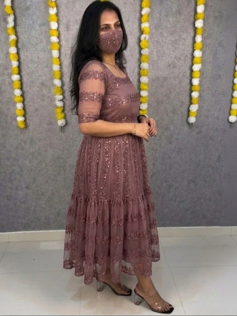 HAYAN STYLISTA Embellished Net A-Line Midi Dress - Image 3
