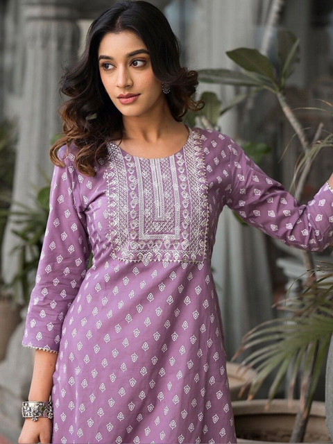 PHYSIL Ethnic Motifs Embroidered Gotta Patti Cotton Straight Kurta