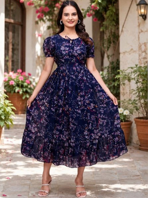 QENA Floral Print Tie-Up Neck Puff Sleeve Georgette A-Line Maxi Dress