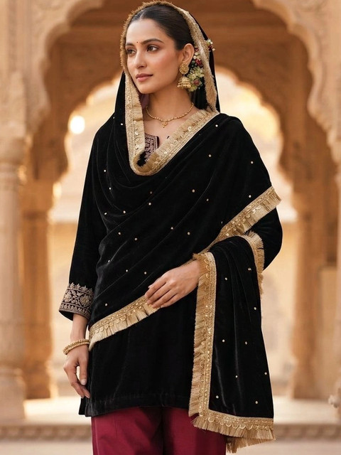 GLOBAL DRESS Velvet Blend Dupatta with Thread Work