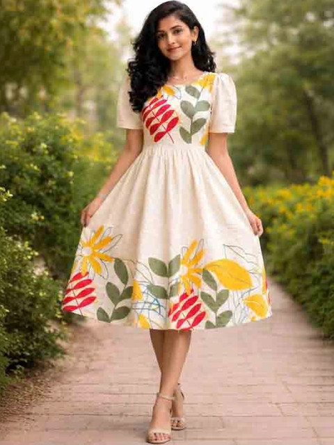 KASIBAA Floral Print Puff Sleeve A-Line Dress