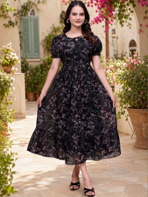 QENA Floral Print Puff Sleeve Georgette A-Line Midi Dress