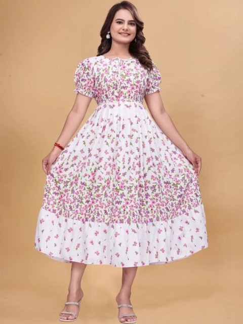 QENA Floral Print Puff Sleeve A-Line Maxi Dress
