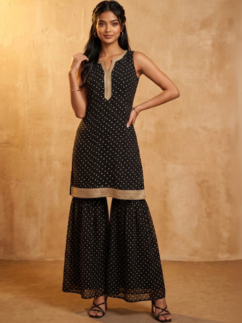 KINDA DESI Women Ethnic Motifs Printed Regular Gotta Patti Kurta with Sharara - Image 3