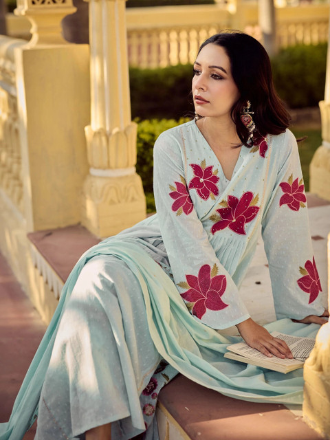 all about you Women Floral Embroidered Empire Thread Work Kurta with Palazzos & With Dupatta - Image 6