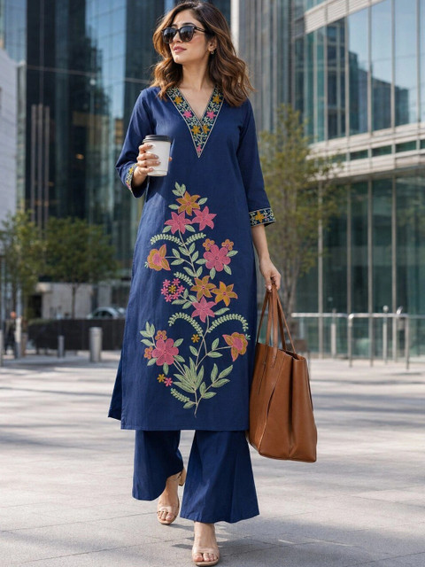 KALINI Floral Cotton Embroidered Tunic with Palazzos
