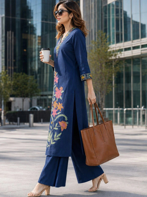 KALINI Floral Cotton Embroidered Tunic with Palazzos - Image 3