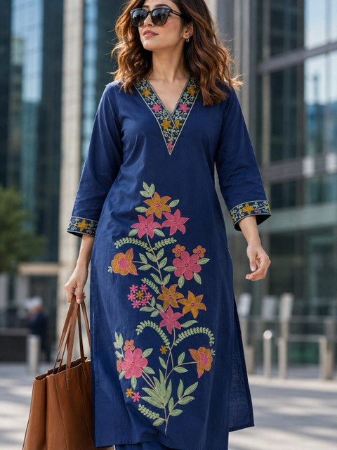 KALINI Floral Cotton Embroidered Tunic with Palazzos - Image 2