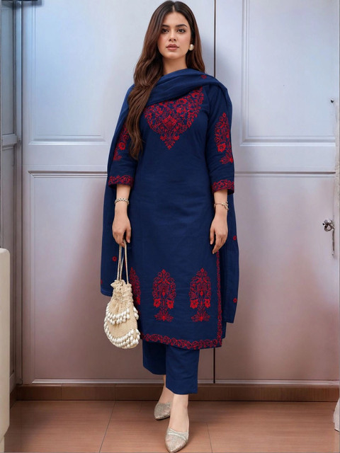 BAESD Ethnic Motifs Embroidered Thread Work Straight Kurta With Trousers & Dupatta