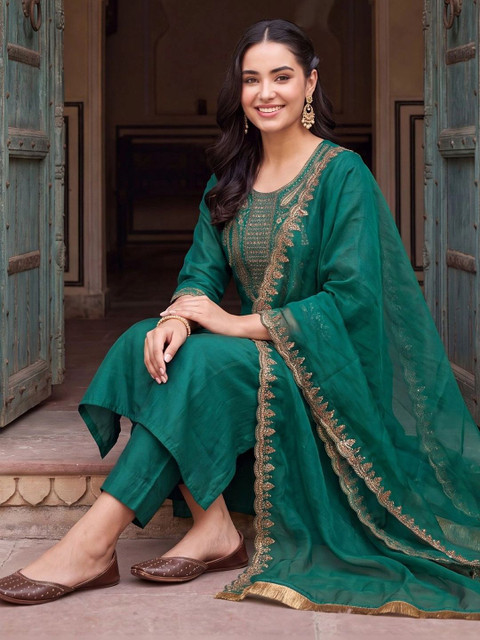 Indo Era Women Ethnic Motifs Embroidered Regular Liva Kurta with Trousers & With Dupatta
