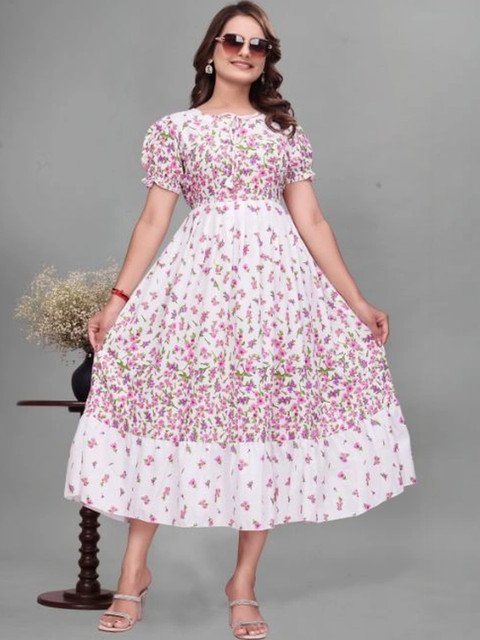 QENA Floral Print Puff Sleeve A-Line Midi Dress