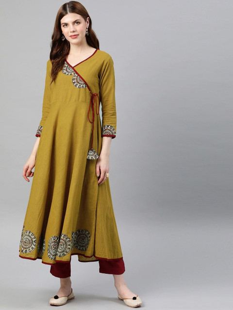 IKRASS Floral Yoke Design Angrakha V-Neck Patchwork A-Line Kurta