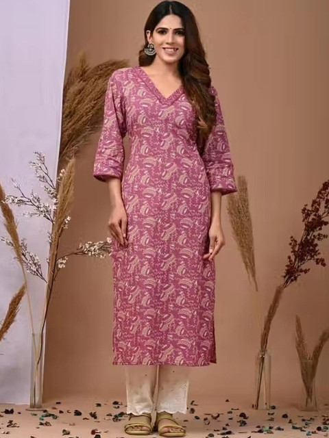 Vorcia Febtex Printed V-Neck Ethnic Straight Kurta
