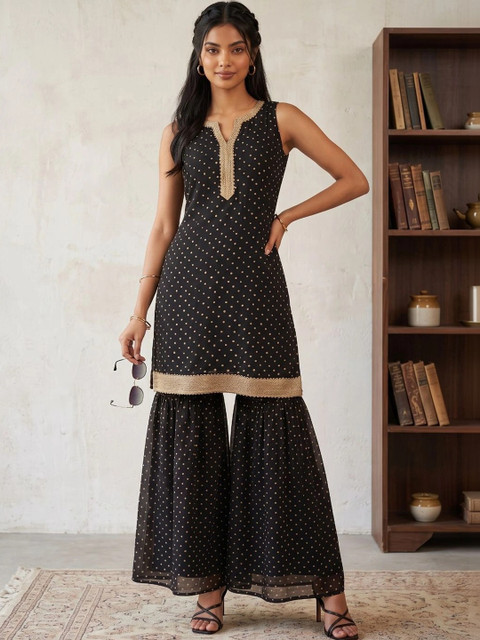 KINDA DESI Women Ethnic Motifs Printed Regular Gotta Patti Kurta with Sharara - Image 4