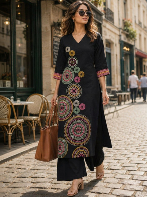 KALINI Cotton Embroidered Tunic with Palazzos
