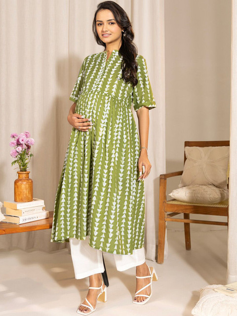 Janasya Cotton Block Printed Gathered Maternity Kurta