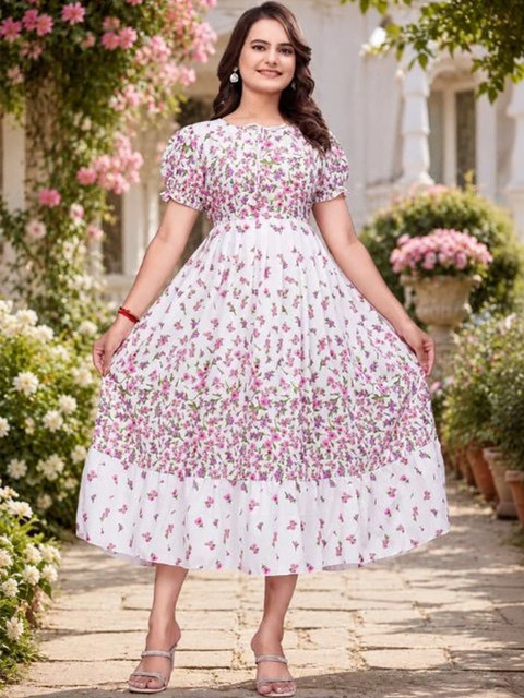 QENA Floral Print Puff Sleeve A-Line Midi Dress