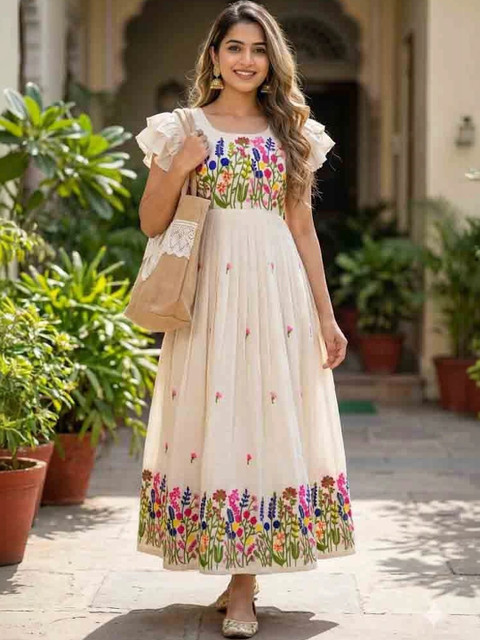 DHARMVILLA FAB Floral Embroidered Flutter Sleeve Ruffled A-Line Midi Dress