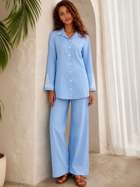 Aarika Indie Florals Cotton Embroidered Shirt with Palazzos