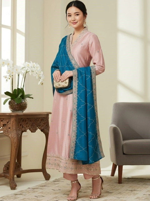 all about you Ethnic Motifs Embroidered Sequinned Kurta with Palazzos & With Dupatta