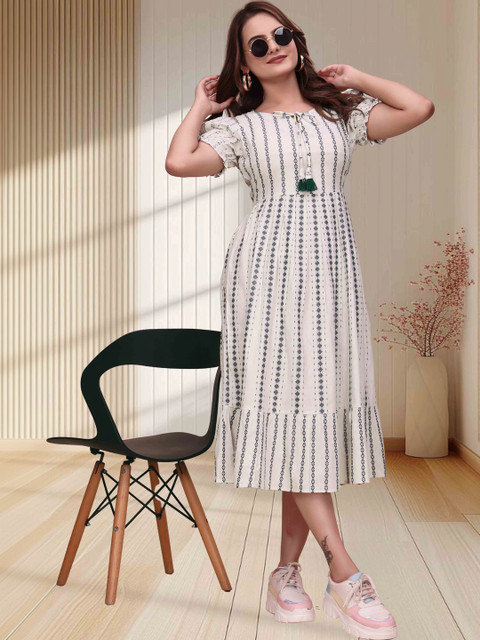 QENA Women Cotton Printed Puff Sleeve A-Line Midi Dress