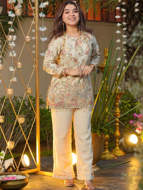 Rajkanika Embroidered Silk Top With Trousers Co-Ords