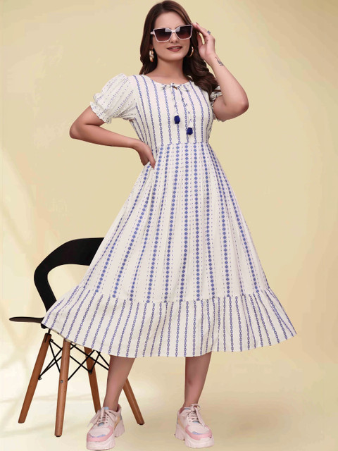 QENA Print Puff Sleeve A-Line Dress