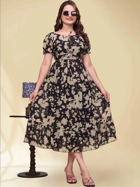 QENA Floral Print Puff Sleeve Georgette A-Line Midi Dress