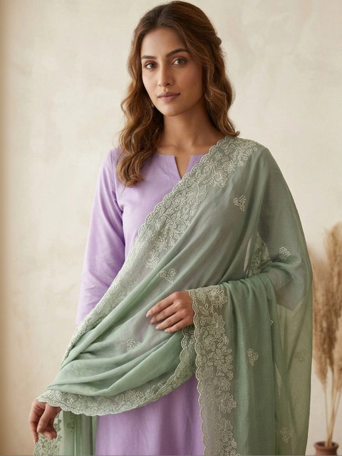 Komurr Ethnic Motifs Embroidered Organza Dupatta with Thread Work - Image 2