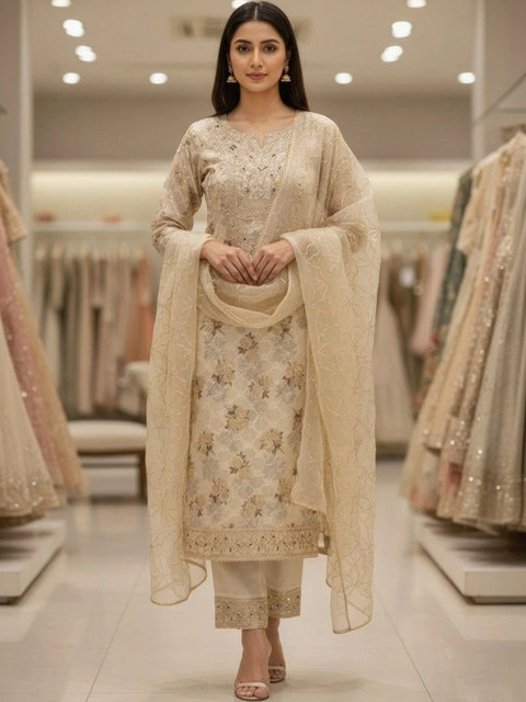 SALWAR STUDIO Floral Embroidered Sequinned Unstitched Dress Material