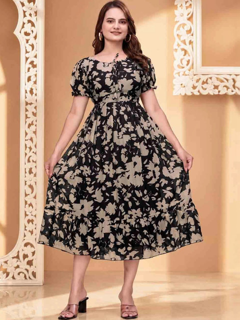 QENA Women Floral Print Puff Sleeve Georgette A-Line Midi Dress
