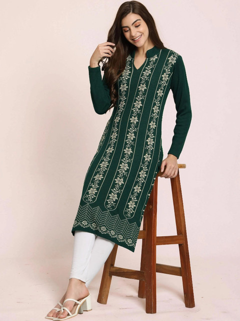 CANBLAR Women Ethnic Motifs Embroidered Thread Work Woollen Kurta - Image 4