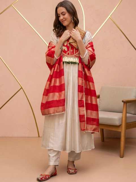 all about you Motifs Embroidered Empire Thread Work Kurta with Trousers & With Dupatta - Image 5