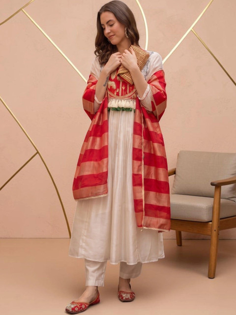 all about you Motifs Embroidered Empire Thread Work Kurta with Trousers & With Dupatta - Image 6