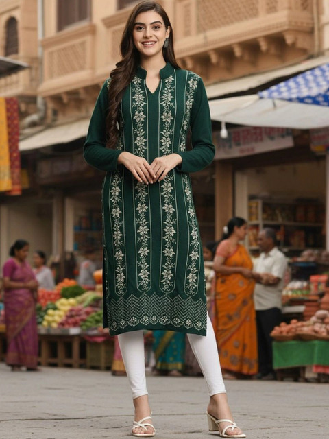 CANBLAR Women Ethnic Motifs Embroidered Thread Work Woollen Kurta