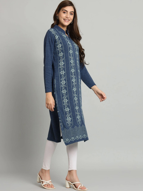 CANBLAR Women Embroidered Thread Work Floral Woollen Kurta - Image 3