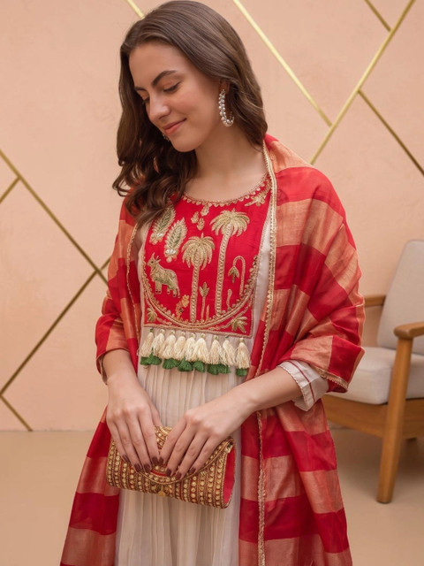 all about you Motifs Embroidered Empire Thread Work Kurta with Trousers & With Dupatta - Image 3
