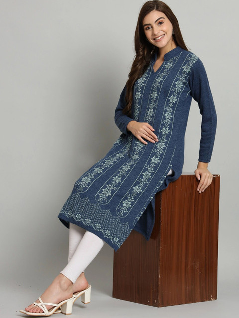 CANBLAR Women Embroidered Thread Work Floral Woollen Kurta
