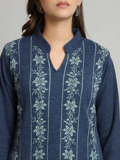 CANBLAR Women Embroidered Thread Work Floral Woollen Kurta - Image 4