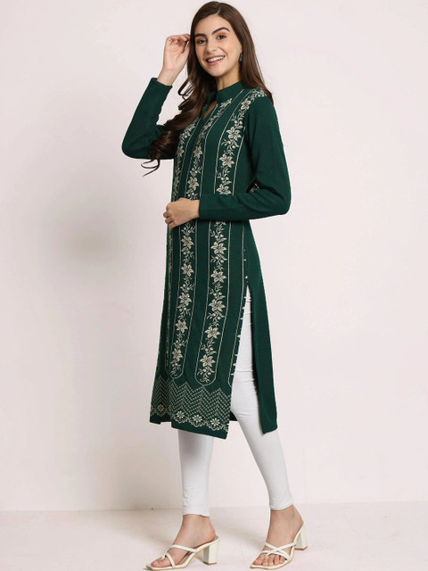 CANBLAR Women Ethnic Motifs Embroidered Thread Work Woollen Kurta - Image 3