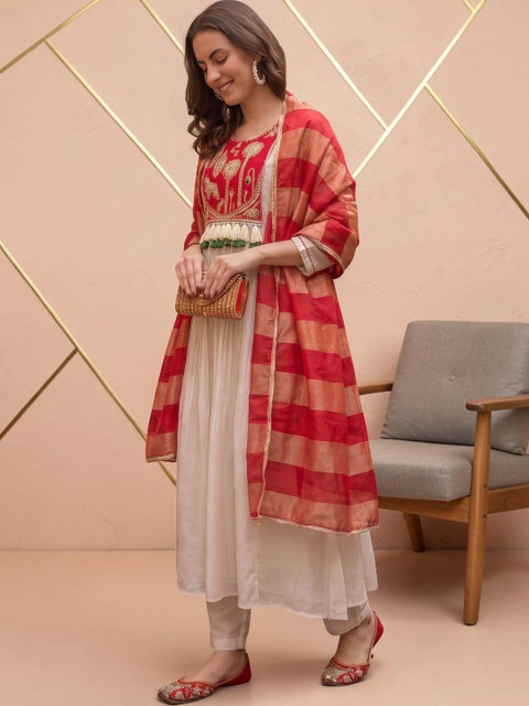 all about you Motifs Embroidered Empire Thread Work Kurta with Trousers & With Dupatta - Image 7