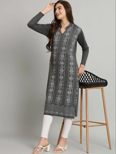 CANBLAR Women Floral Printed Sequinned Woollen Kurta