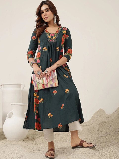 GULMOHAR JAIPUR Women Floral Printed Thread Work Floral Anarkali Kurta